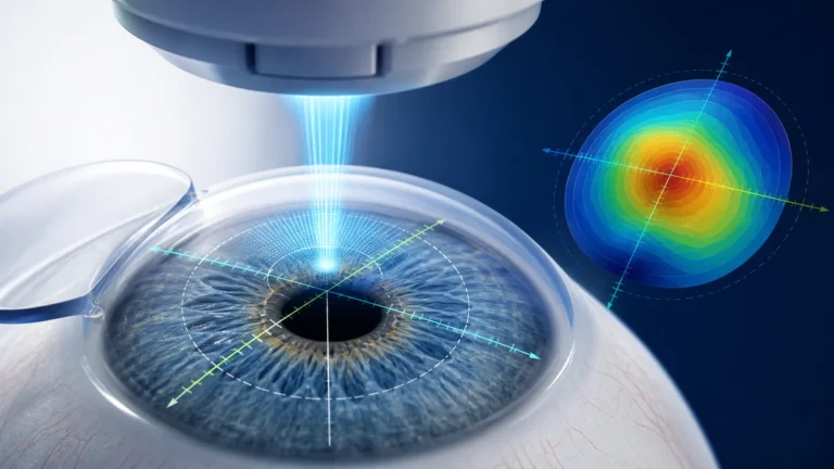 라식에서 난시축과 각막 형태를 고려해 excimer laser 교정을 계획하는 과정을 표현한 교육 이미지